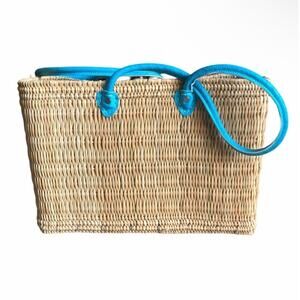 MISA Los Angeles Jane Straw Box Tote Bag Blue Leather Double Handle